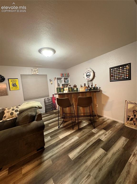 Image 25 of 28: Wood-finish flooring throughout, a built-in bar, and a flush-mount ceiling