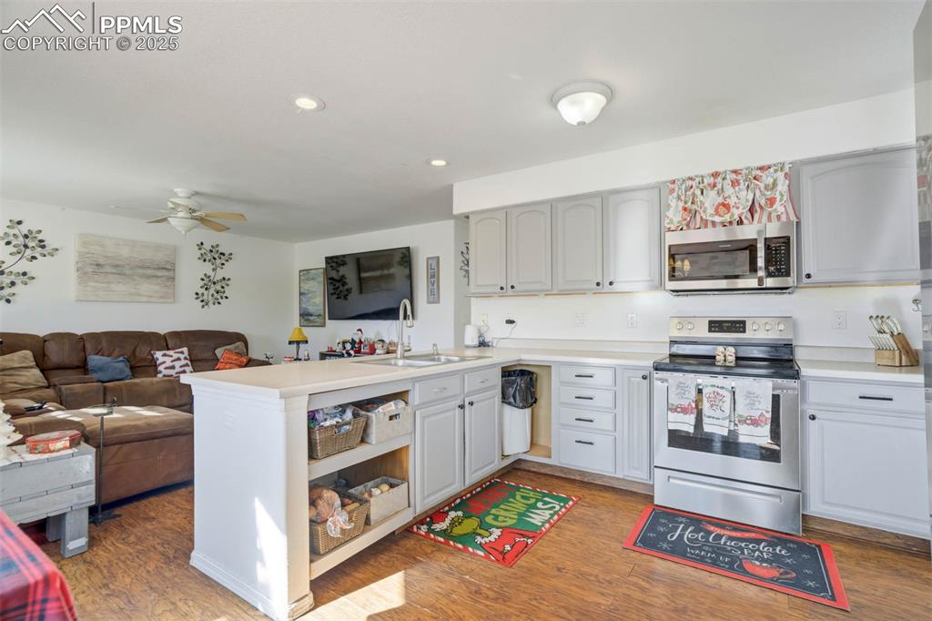Image 13 of 27: Kitchen featuring stainless steel appliances, open floor plan, a peninsula,