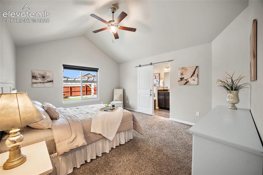Image 11 of 29: Vaulted ceiling, ceiling fan, large window, barn door entry, and wall-to-wa