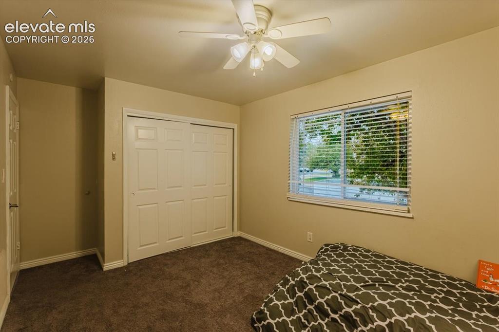 Image 28 of 50: Neutral tone walls with white trim and dark carpet flooring
