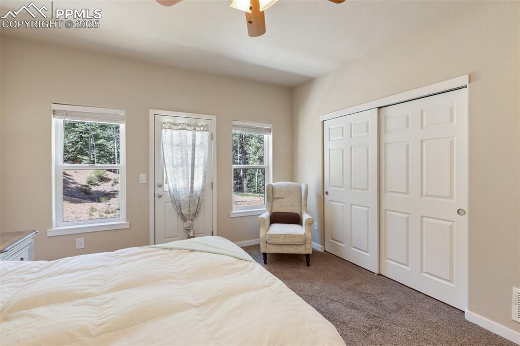 Image 31 of 46: Bedroom featuring carpet, multiple windows, a closet, and a ceiling fan