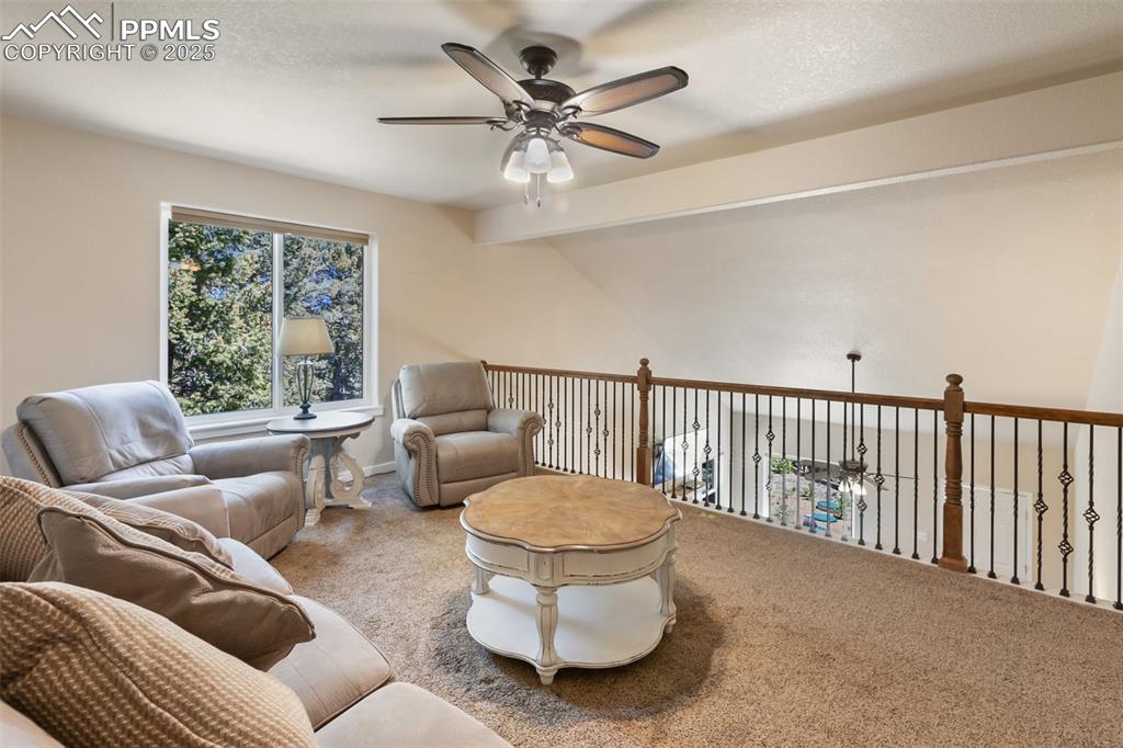 Image 37 of 46: Living area with ceiling fan and carpet floors