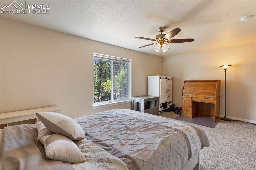 Image 42 of 46: Bedroom with carpet floors and a ceiling fan