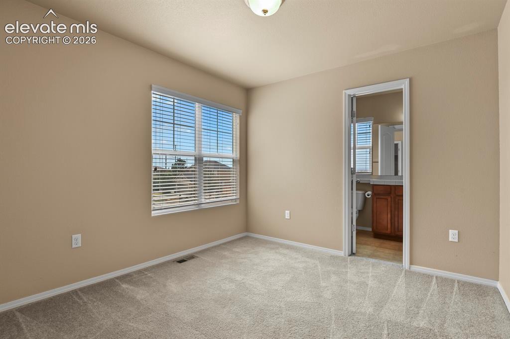 Image 32 of 50: Plush carpet flooring, neutral wall tones, and a window with horizontal bli