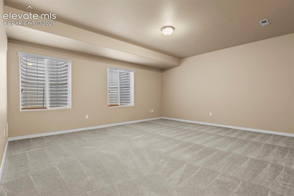 Image 36 of 50: Expansive room featuring neutral wall tones, two windows with blinds, a flu