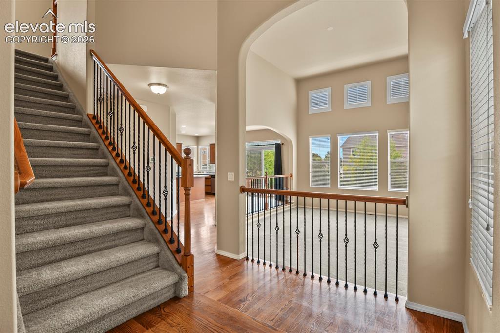 Image 7 of 50: Hardwood-finish flooring, carpeted staircase, wrought iron balusters, wood 