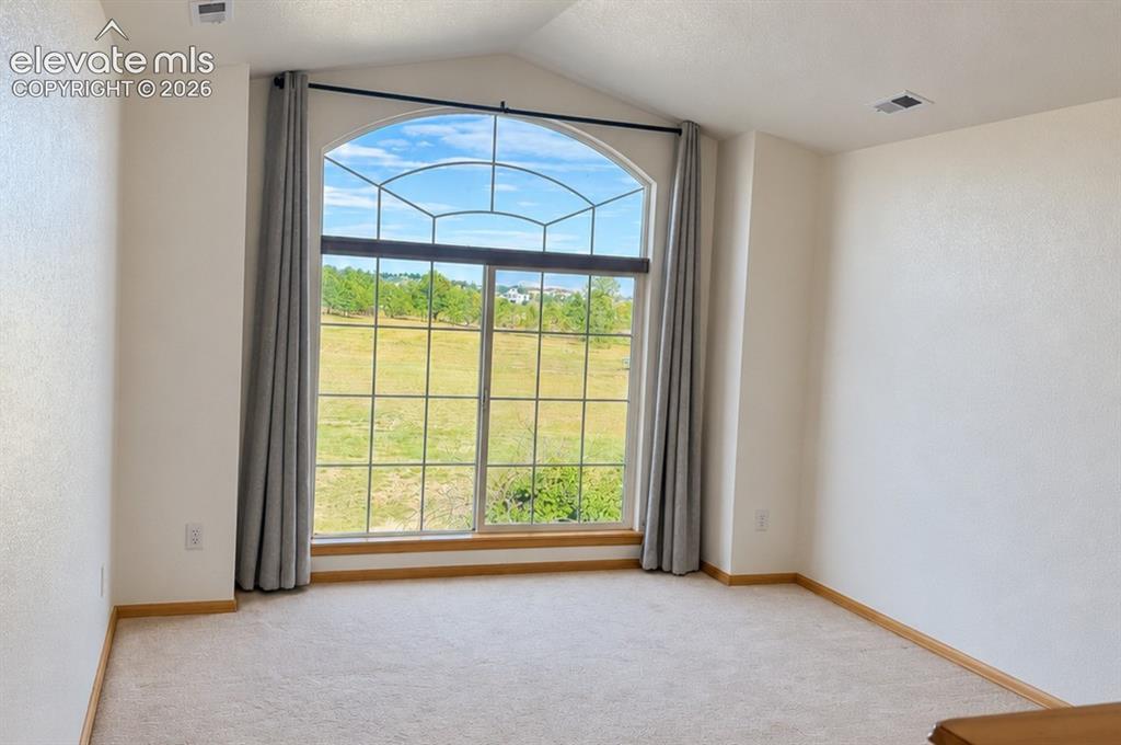 Image 24 of 48: Loft/flex-space. Arch-top window with grid pattern, neutral carpeting, and
