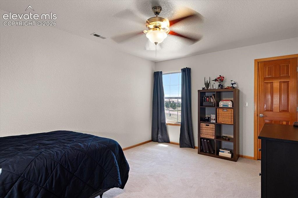Image 33 of 47: Carpeted room with a ceiling fan light fixture, natural wood-paneled door,