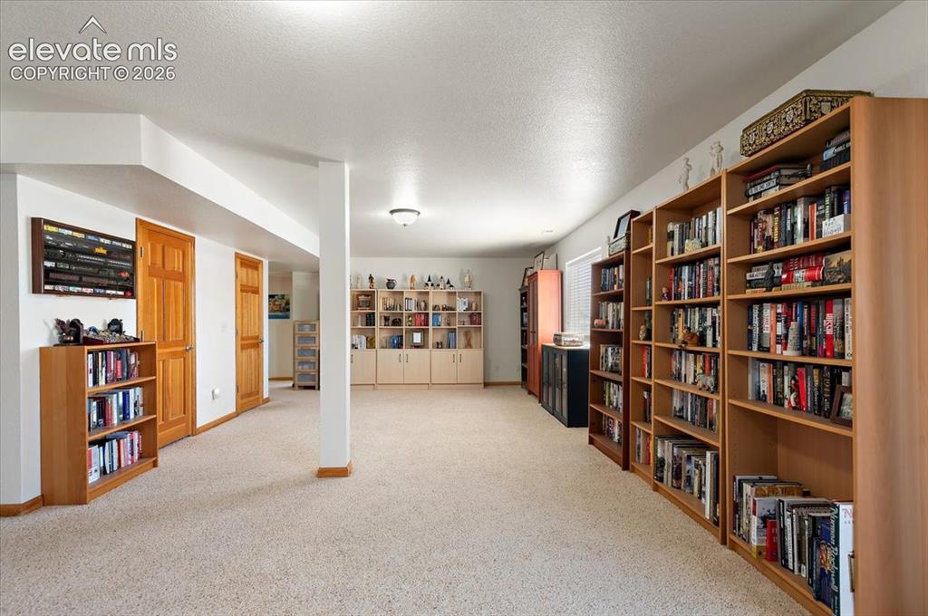 Image 35 of 47: Expansive carpeted room featuring multiple built-in shelving units, recesse