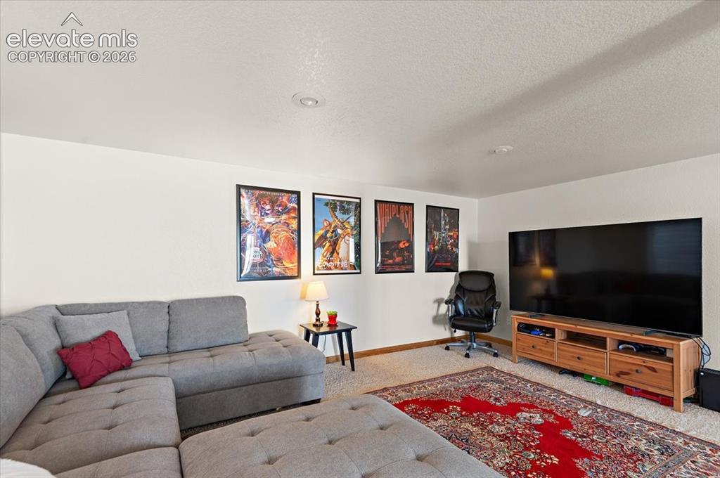 Image 36 of 47: Carpeted living area featuring recessed lighting, white walls, and a built-