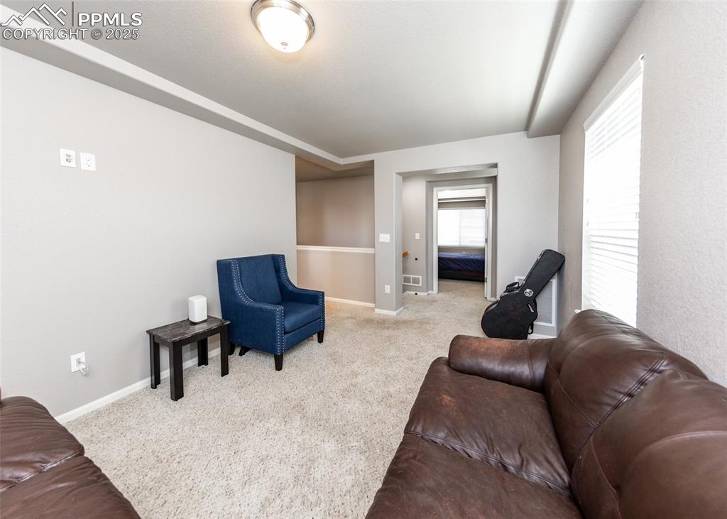 Image 24 of 40: Living room featuring carpet floors and baseboards