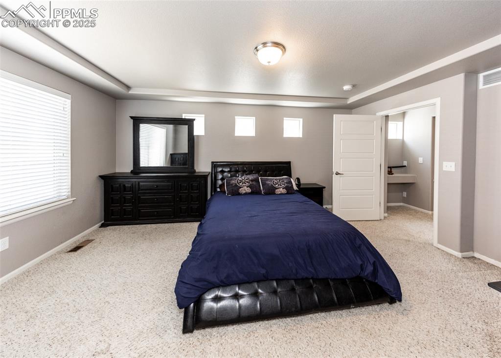 Image 29 of 40: Carpeted bedroom featuring baseboards and a tray ceiling