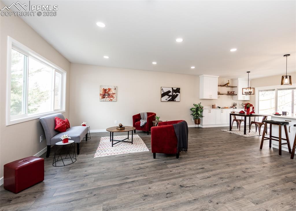 Image 6 of 48: Living room with dark wood-style flooring and recessed lighting
