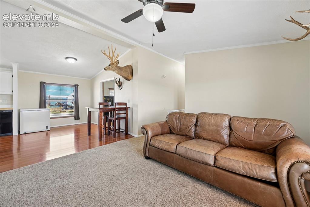 Image 10 of 36: Open-concept living space featuring a ceiling fan with integrated lighting,