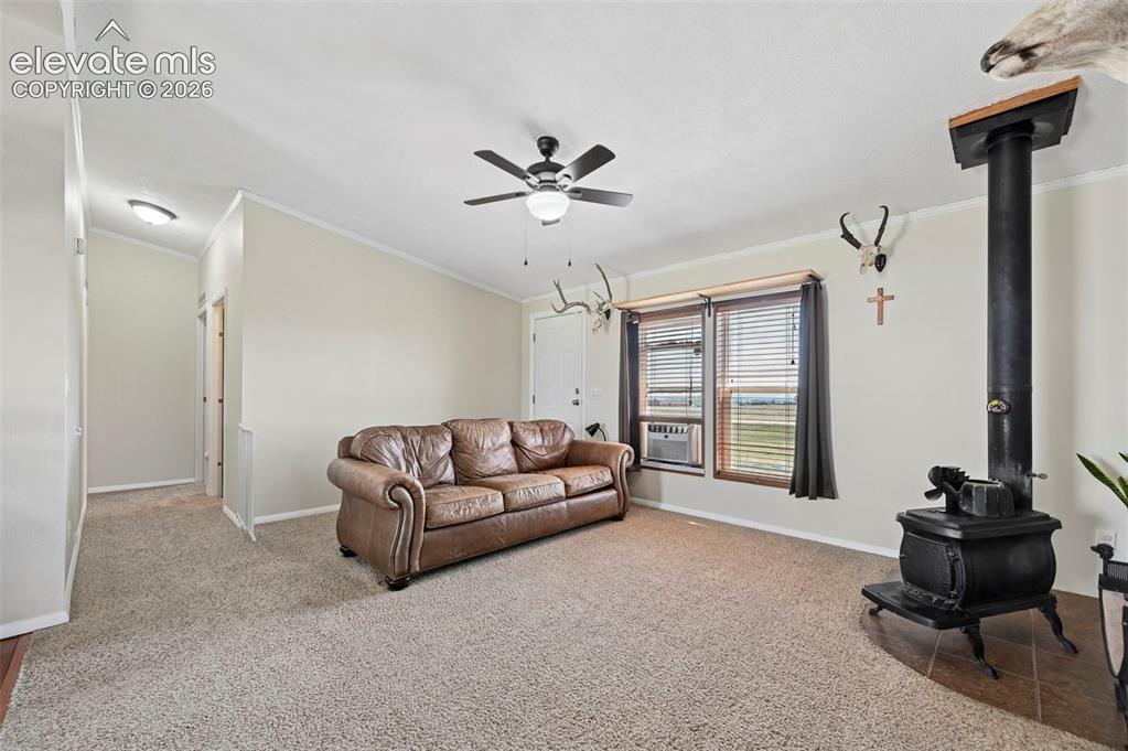 Image 12 of 36: Spacious living area featuring neutral carpeting, a ceiling fan, and a prom