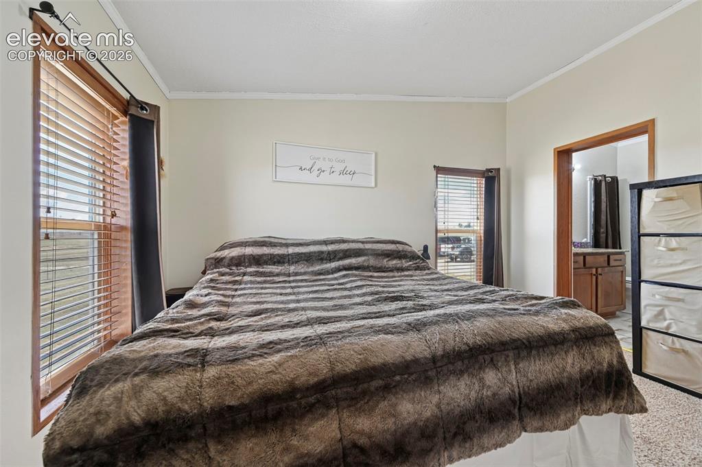 Image 25 of 36: Bedroom featuring two windows with wood-finish blinds, light-colored walls,