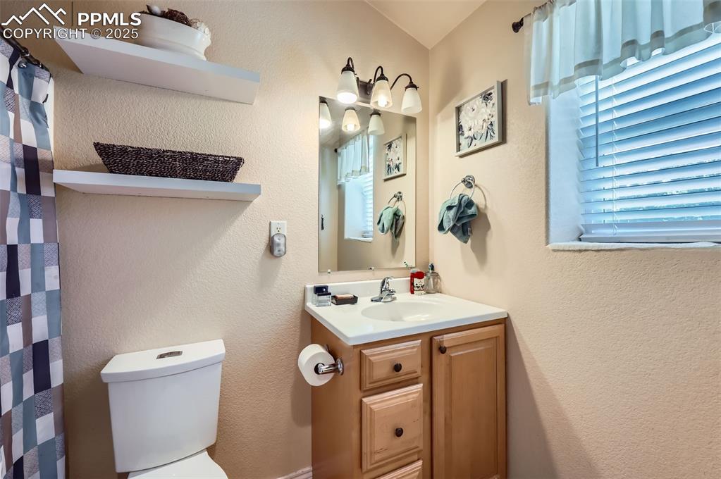Image 19 of 29: Bathroom with vanity, a textured wall, plenty of natural light, and curtain