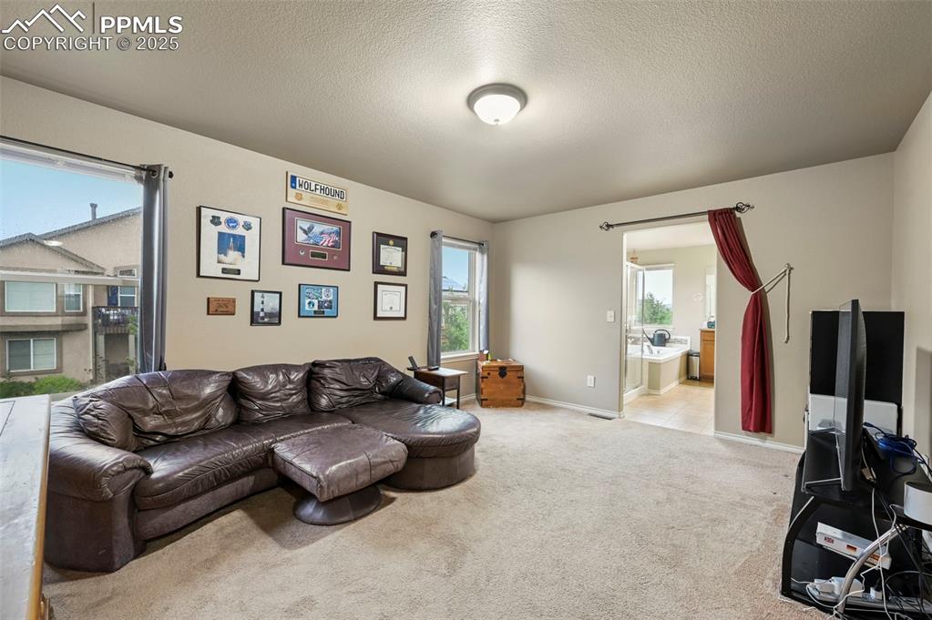 Image 19 of 50: Living area featuring light colored carpet and a textured ceiling