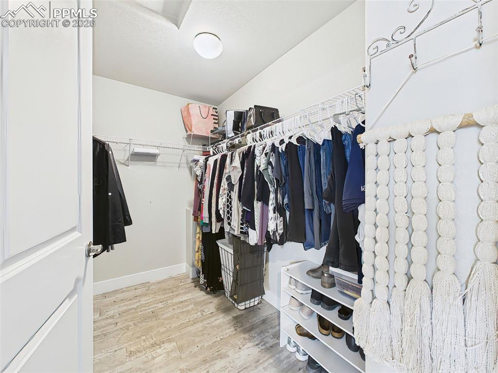 Image 22 of 50: Spacious walk-in closet with wraparound hanging rods, open shelving, and pl