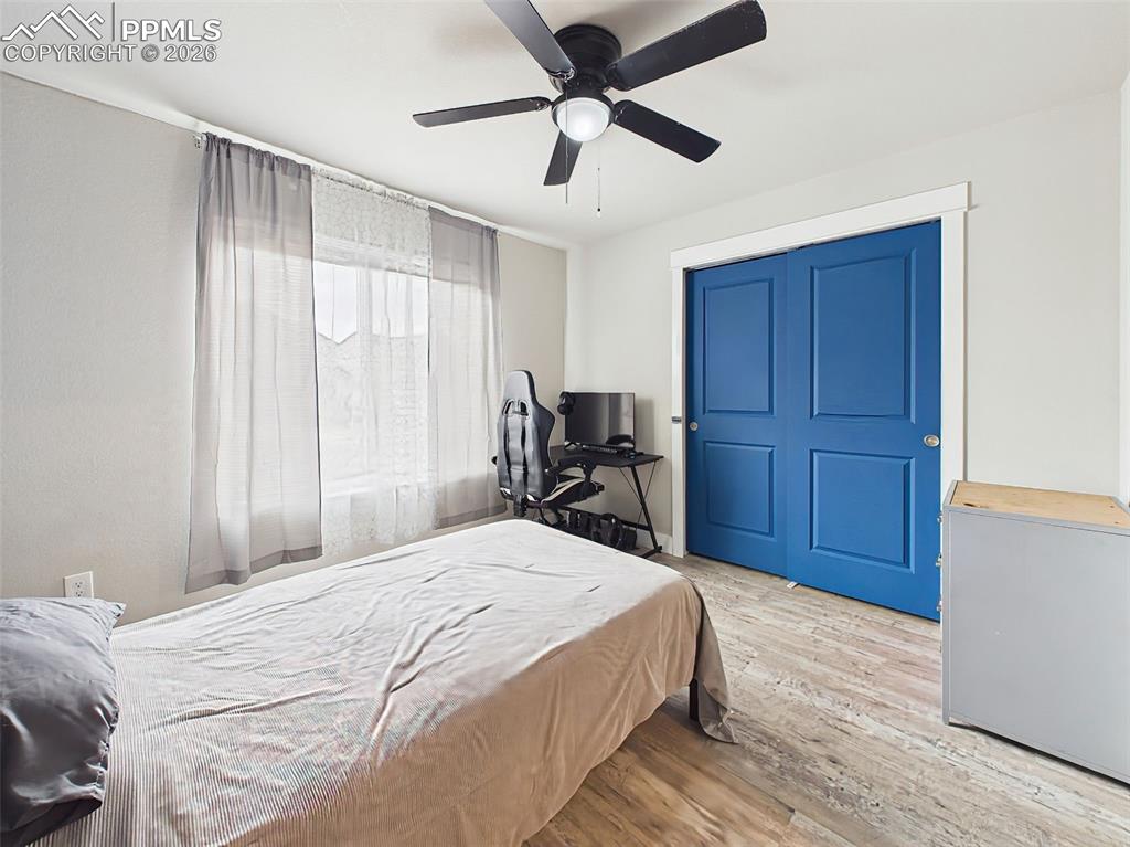 Image 26 of 50: Secondary bedroom with large window, ceiling fan, and bold accent closet do