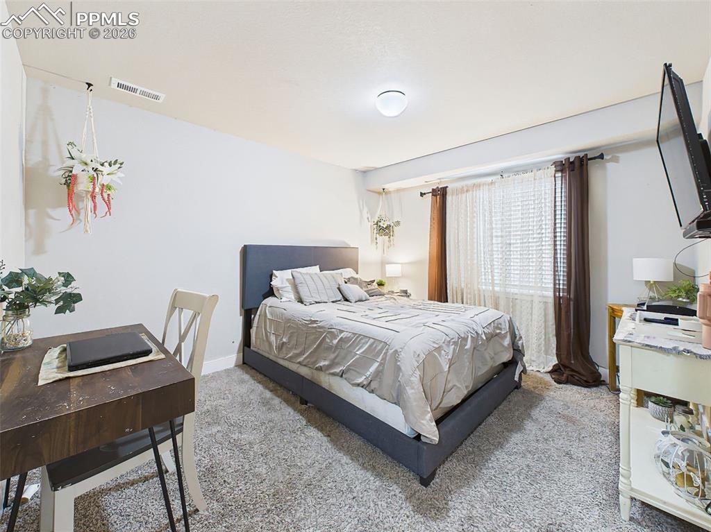 Image 33 of 50: Lower-level bedroom with soft carpet, natural light, and easy access to adj