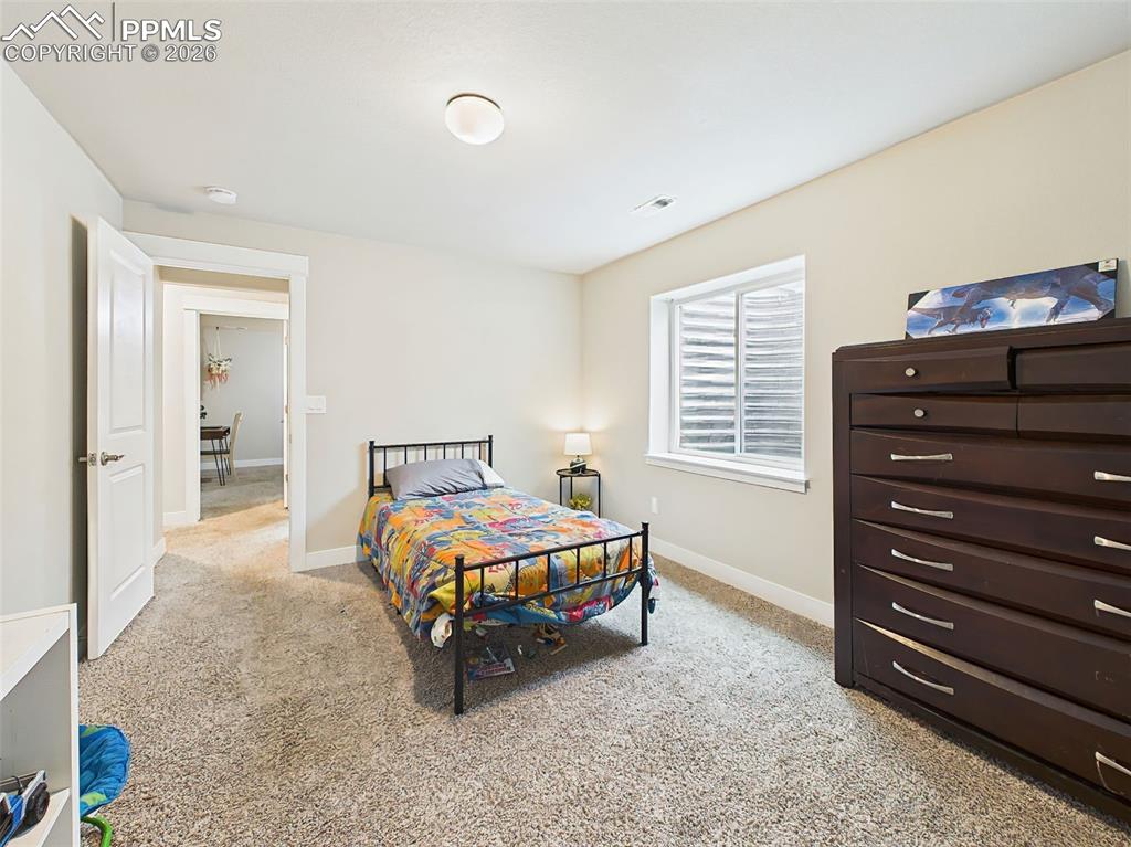 Image 35 of 50: Additional lower-level bedroom featuring plush carpet, window for natural l