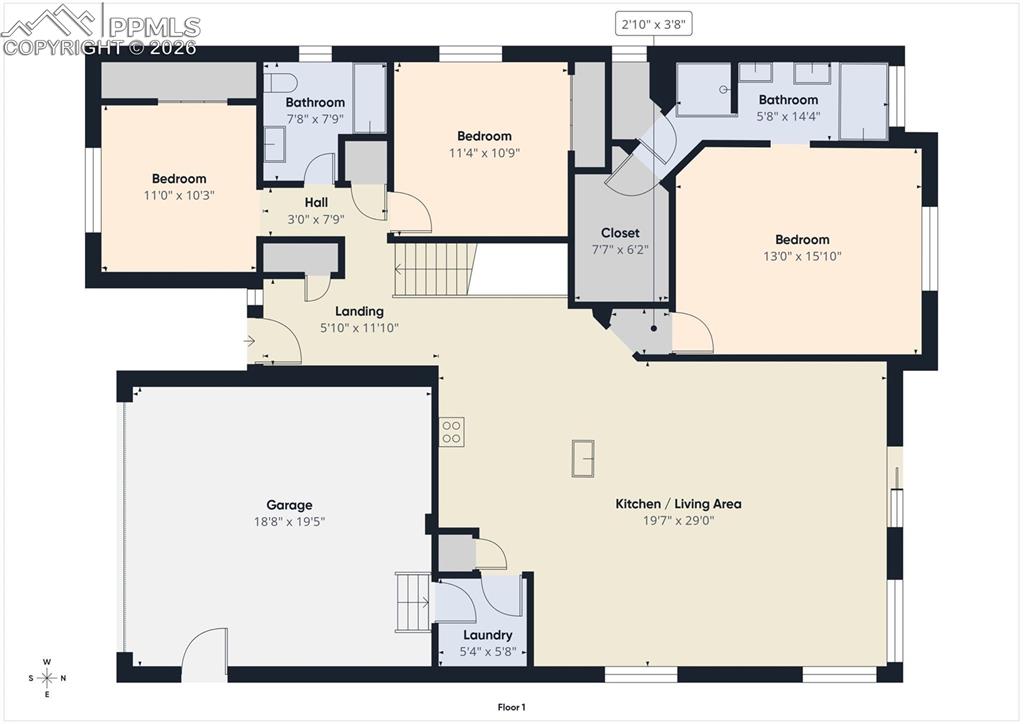Image 48 of 50: Main level floor plan featuring an open-concept kitchen and living area, th