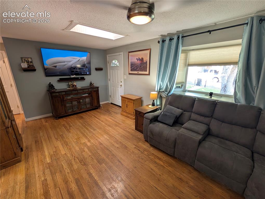 Image 5 of 20: Oak Floors & skylight in Living Room