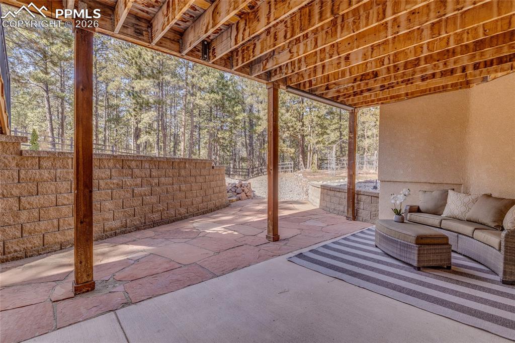 Image 39 of 50: Large basement patio off the walk-out. Great landscaping that is complete f