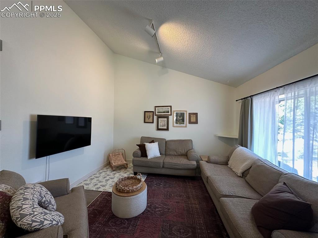 Image 4 of 14: Living room with vaulted ceiling and a textured ceiling