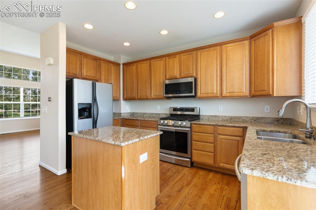 Image 18 of 45: Kitchen with appliances with stainless steel finishes, recessed lighting, l