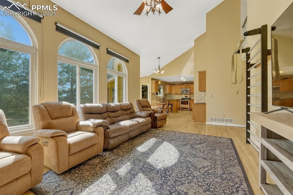 Image 13 of 31: Living room with high vaulted ceiling, a textured ceiling, light wood finis