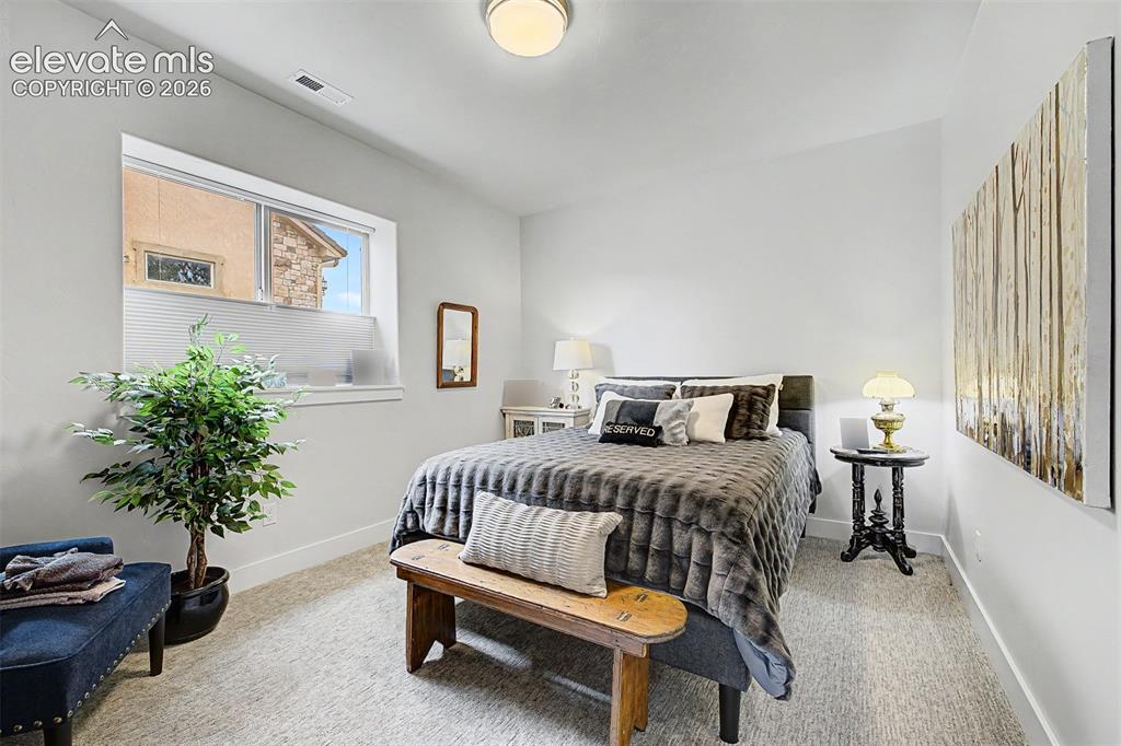 Image 37 of 49: Another decent sized bedroom in the basement with top-down blinds that can