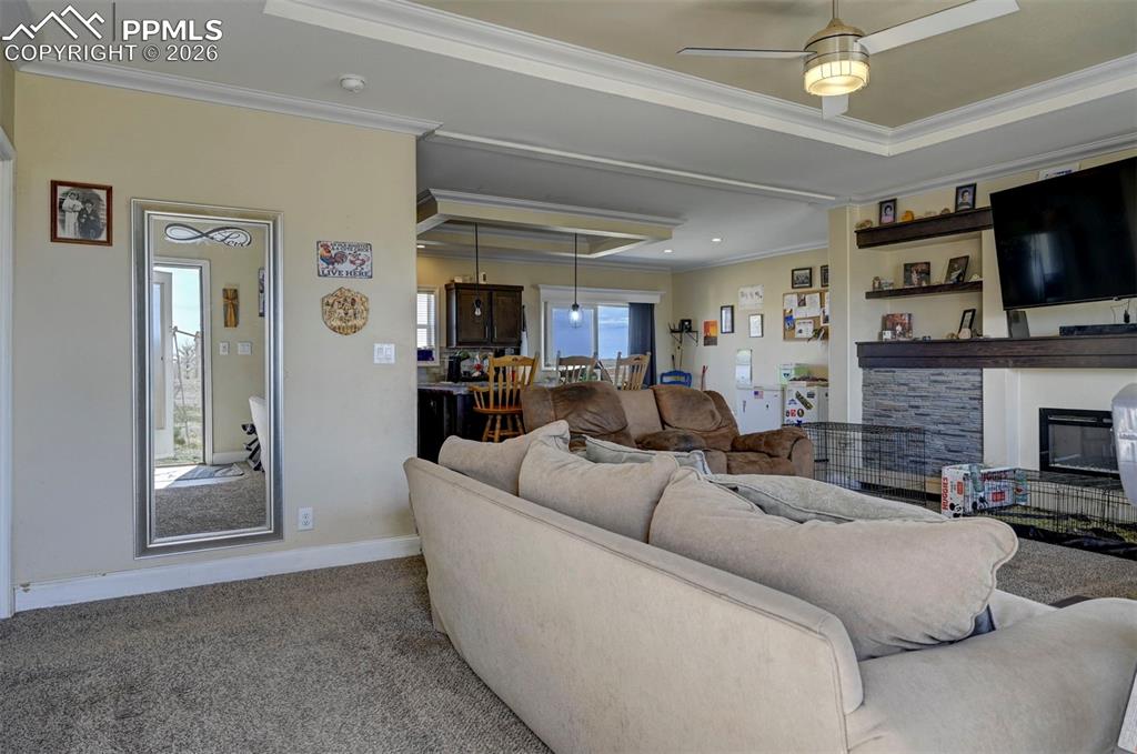 Image 4 of 18: Living room featuring ornamental molding, ceiling fan, a glass covered fire