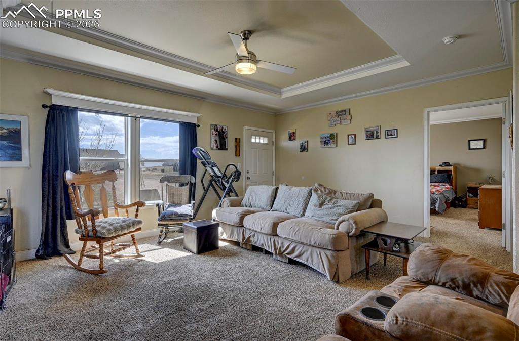 Image 5 of 18: Carpeted living room with ceiling fan, a raised ceiling, and crown molding