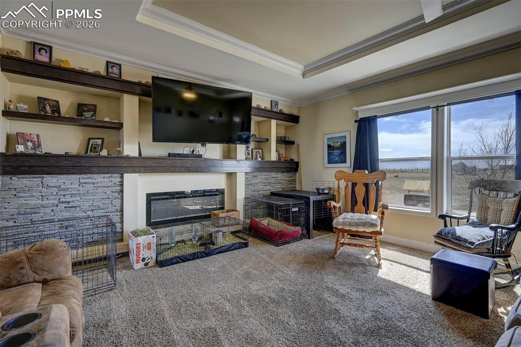 Image 6 of 18: Carpeted living room featuring a glass covered fireplace, crown molding, an