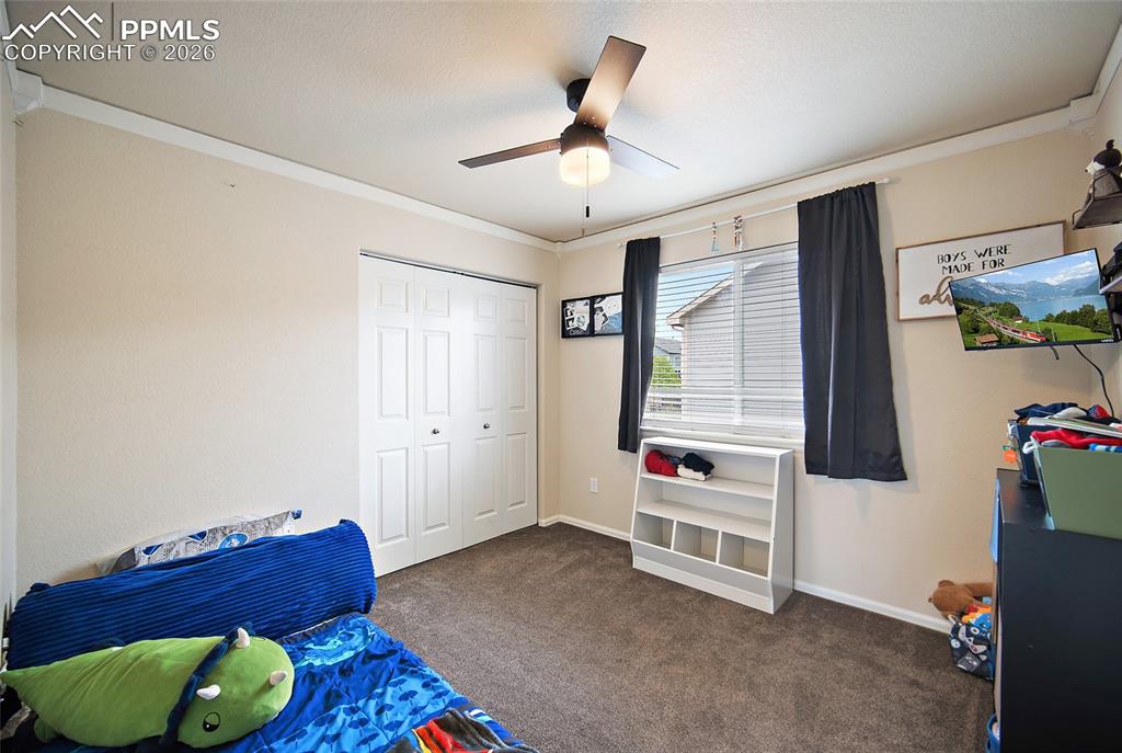 Image 20 of 43: Carpeted bedroom featuring a ceiling fan, crown molding, and a window with 