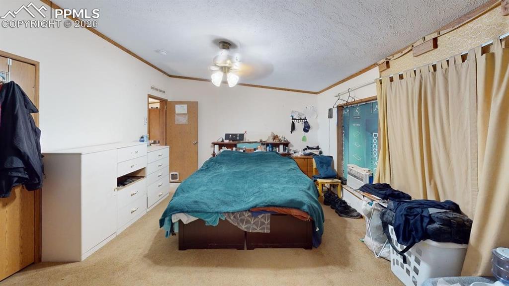 Image 18 of 31: Bedroom with light colored carpet, ornamental molding, a ceiling fan, and a
