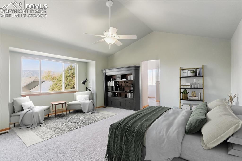 Image 28 of 45: Virtually staged, Carpeted bedroom featuring lofted ceiling and a ceiling f