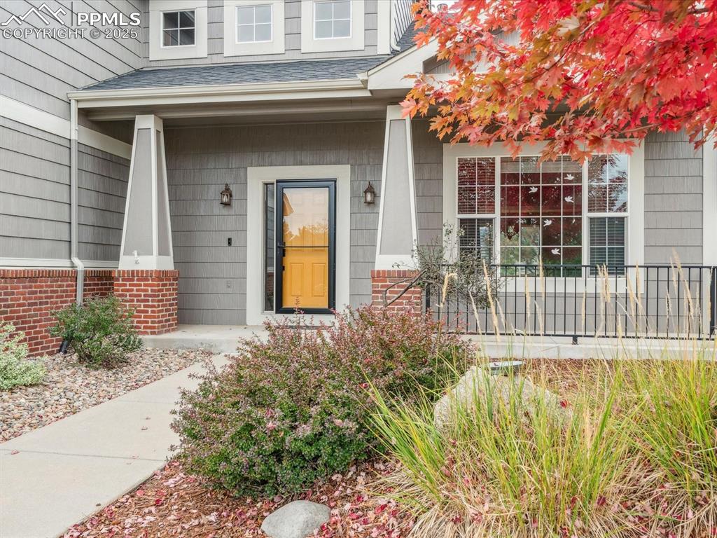 Image 4 of 45: Property entrance with a porch and roof with shingles