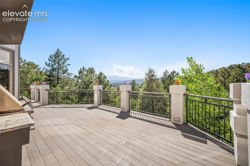 Image 41 of 50: Expansive outdoor deck featuring composite deck, a stone-top built-in grill