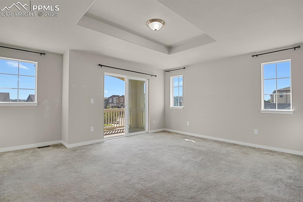 Image 16 of 31: Empty room with a raised ceiling and light colored carpet