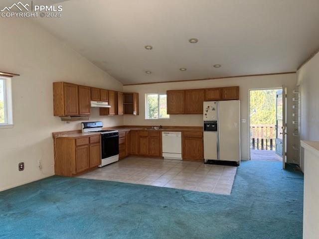 Image 3 of 19: Kitchen with light carpet, brown cabinets, white appliances, vaulted ceilin