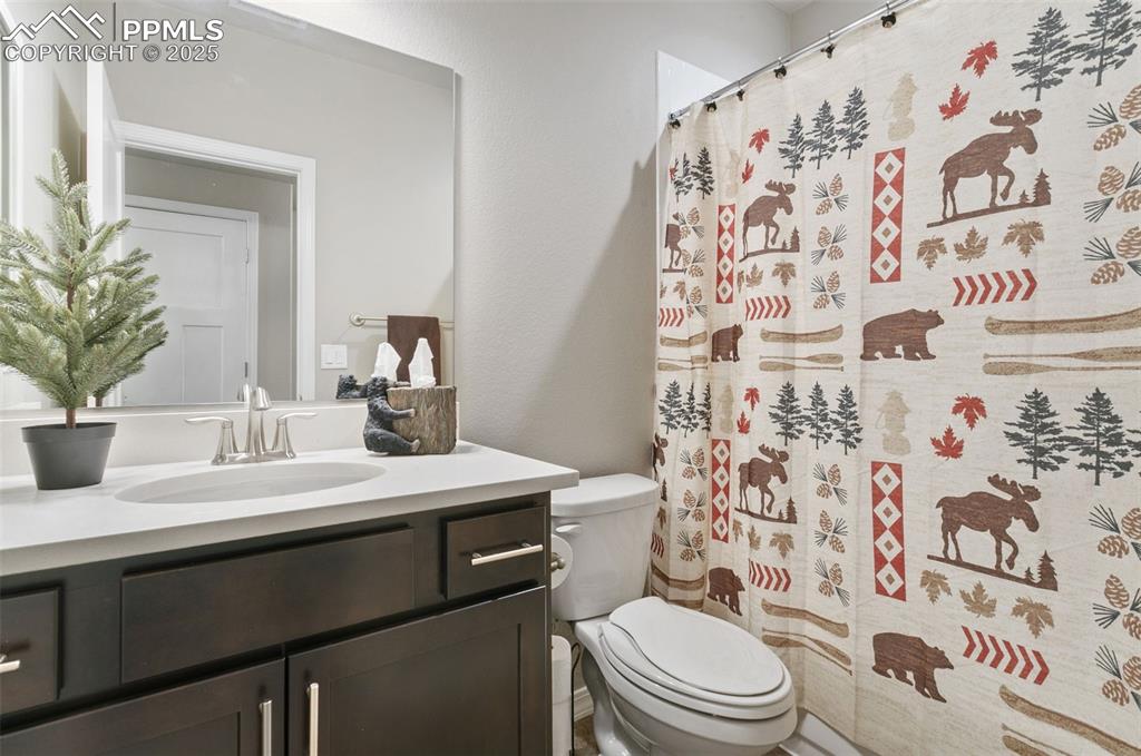 Image 46 of 50: Full bathroom with vanity and a shower with shower curtain