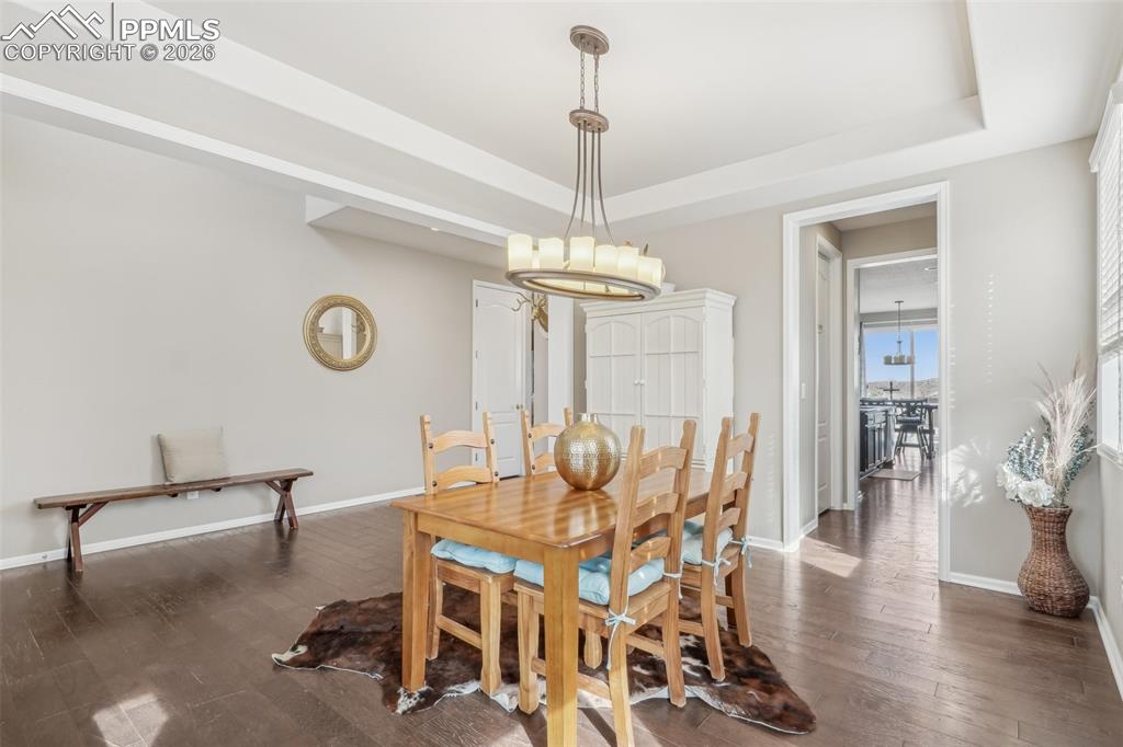 Image 10 of 50: Dining space with a tray ceiling, dark wood floors