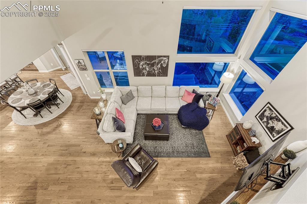 Image 4 of 48: Aerial view of the living room, from the upper level loft