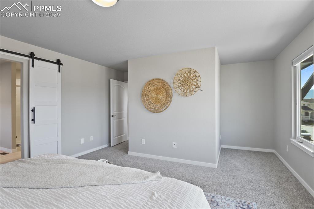 Image 28 of 50: Carpeted bedroom featuring a barn door and baseboards
