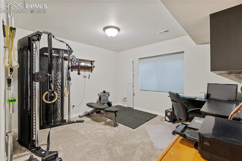 Image 27 of 38: Bedroom #6 in basement currently used as an exercise room