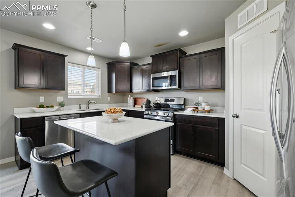 Image 16 of 45: Kitchen with stainless steel appliances, a breakfast bar, dark brown cabine