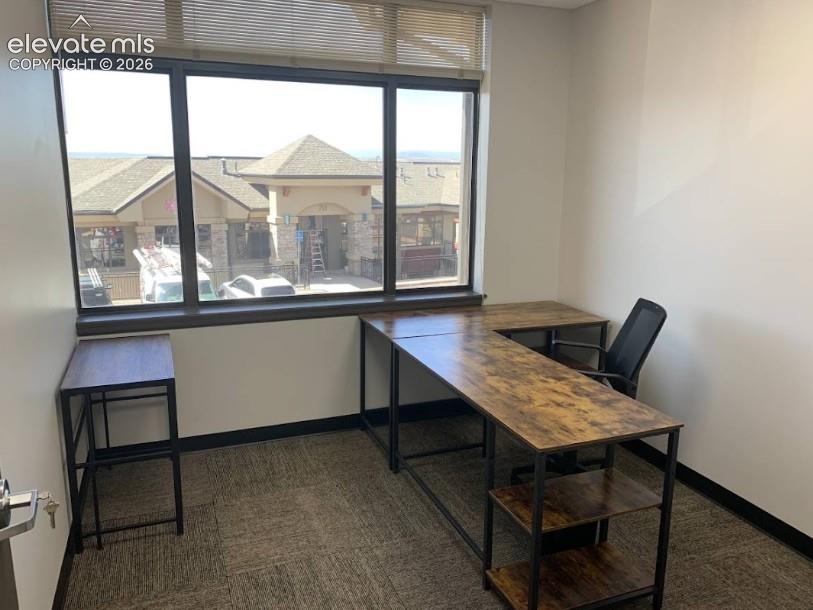 Image 2 of 4: Large window with horizontal blinds, neutral wall paint, and carpeted floor